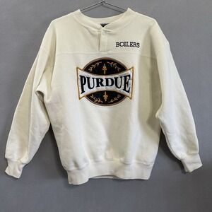 VTG Purdue Boilers Crewneck Henley Sweatshirt Cream Embroidered Size Large